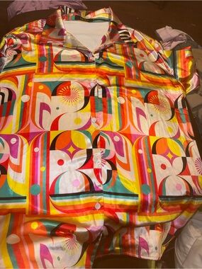 AKIRA Multicolor Geo Stripe Button-Up Top and shorts
